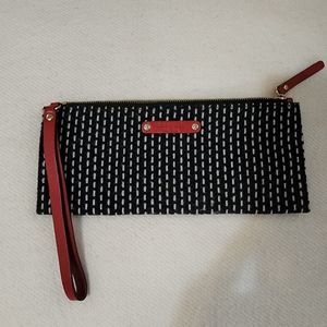 NWOT Kate Spade Slim Navy w/White Tick Pinstripe +Red Leather Trim Wristlet